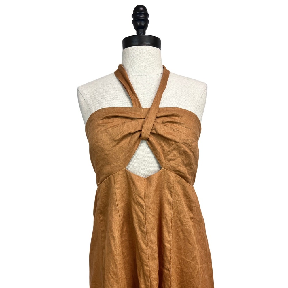 DISSH Linen Maxi Dress Women 12 Ochre Excellent Halter Cutout Smocked Back - Picture 4 of 8